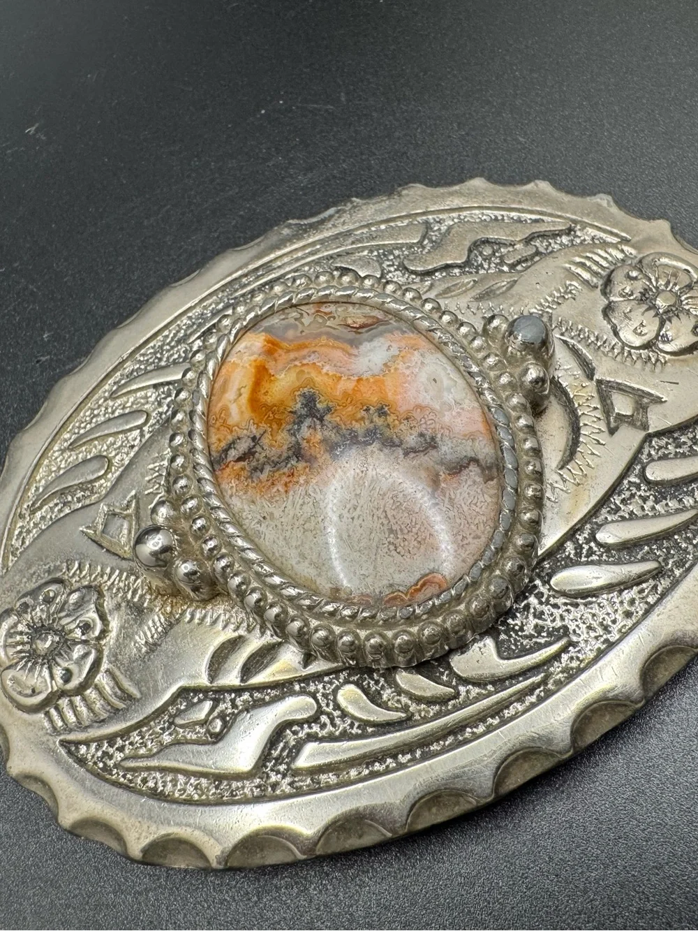 Ornate Oval Western Belt Buckle with Agate Stone
